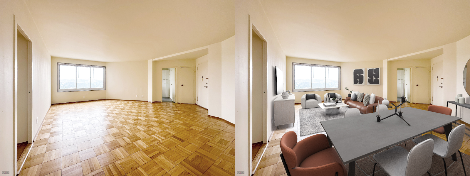 This image shows a side-by-side illustrating how a photo of an empty room looks when filled with furniture, digitally