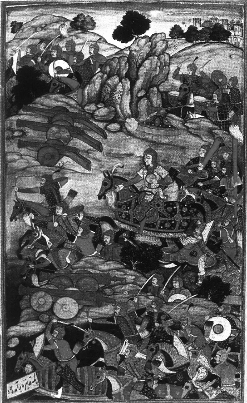 The figure presents a miniature illustration showing the Mughal defeat of the Sultan of Delhi at the Battle of Panipat in 1526. The illustration shows one side of a battle with several groups of troops fighting. In the top left corner, there is a group of men on horses in a charge stance. In the top right corner, there is another group of men on horseback, with one man blowing into a horn and another hitting drums. In the center of the illustration, there are 3 cannons. At the bottom of the illustration, there are several troops on horseback with bows and arrows and others with swords in their hands.