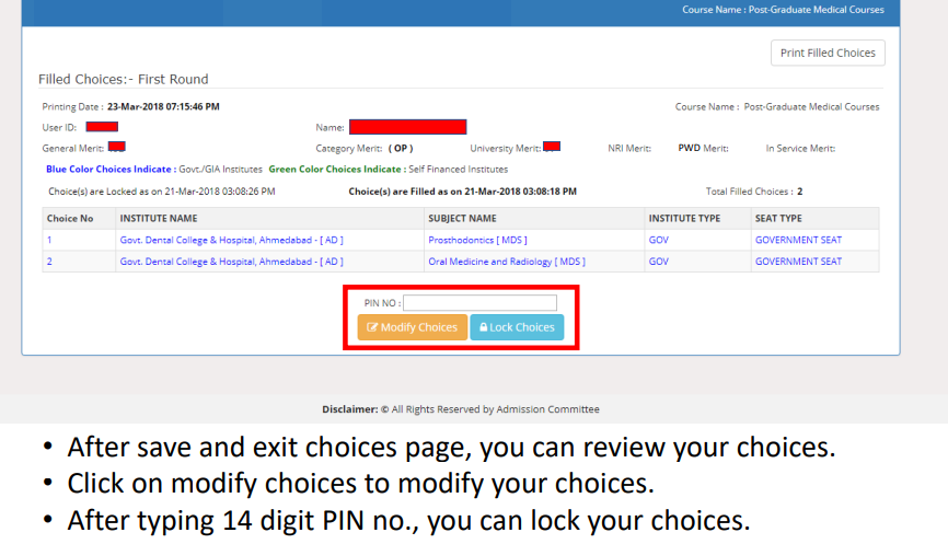 Step 8 of Choice Filling of Gujarat NEET Counseling for MBBS/MS/MD Admissions in Gujarat
