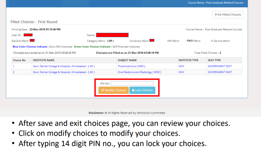 Step 8 of choice filling of gujarat neet counseling for mbbs/ms/md admissions in gujarat