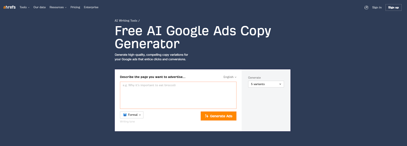 Ahrefs' Google Ads Copy Generator