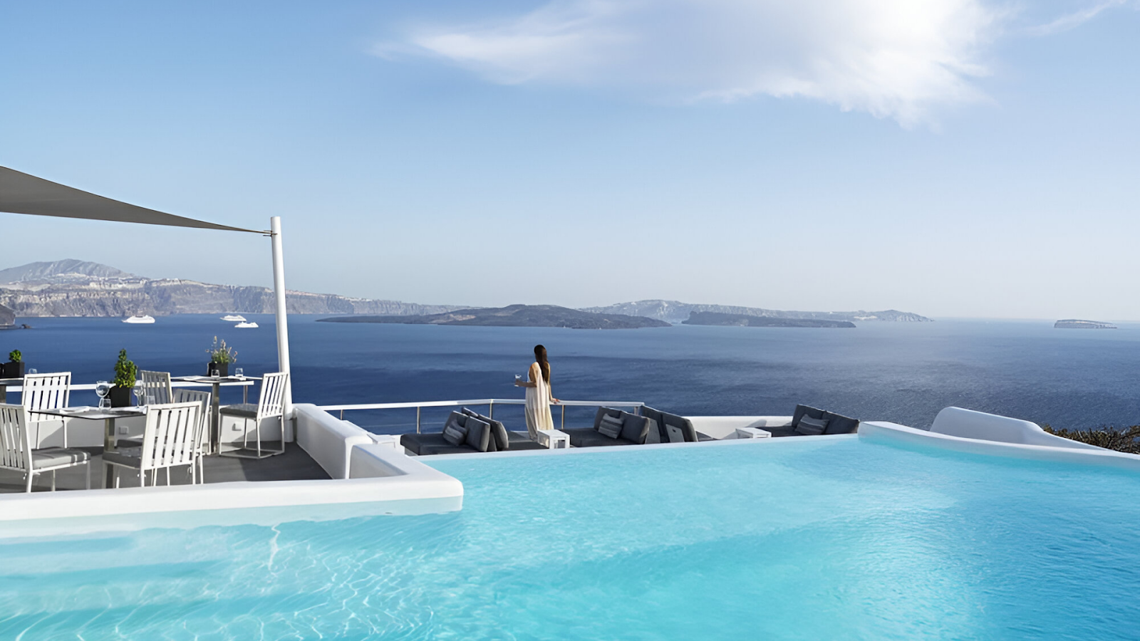 A huge swimming pool of a hotel in Santorini