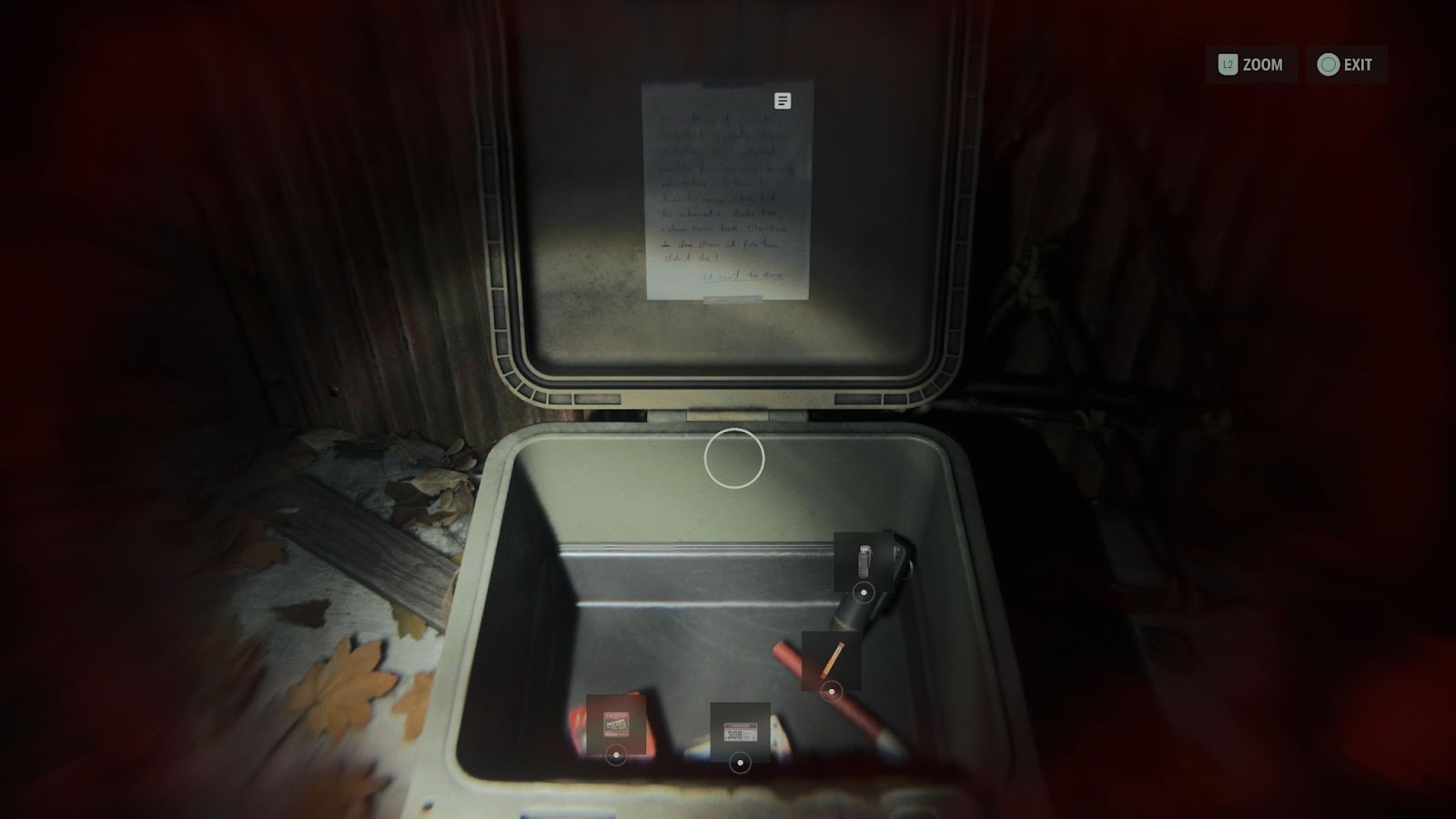 An in game screenshot of the Kalevala Workshop cult stash from Alan Wake 2