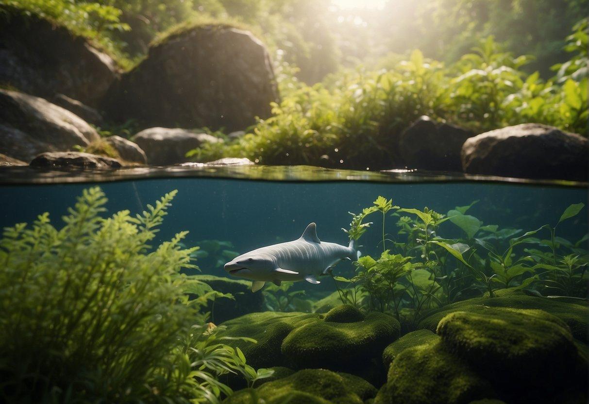 A serene river flows through a lush landscape, with beluga sturgeon swimming gracefully among the aquatic plants. A sign nearby indicates the historical significance of beluga caviar and the regulations in place to protect the species