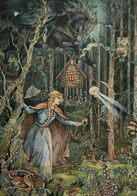 The fair-haired woman donning a light blue dress and a red cloak traverses through the forest.