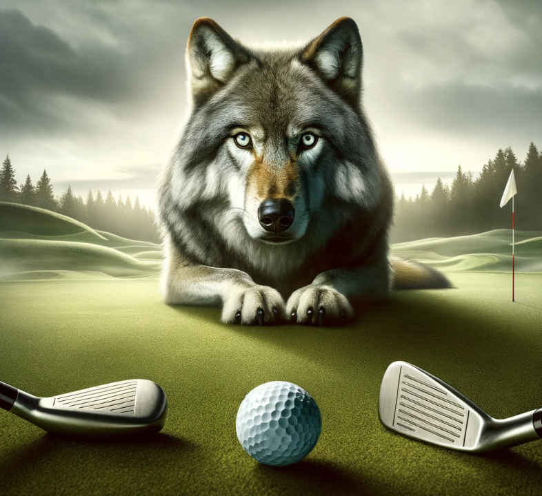a wolf huddled on a putting green