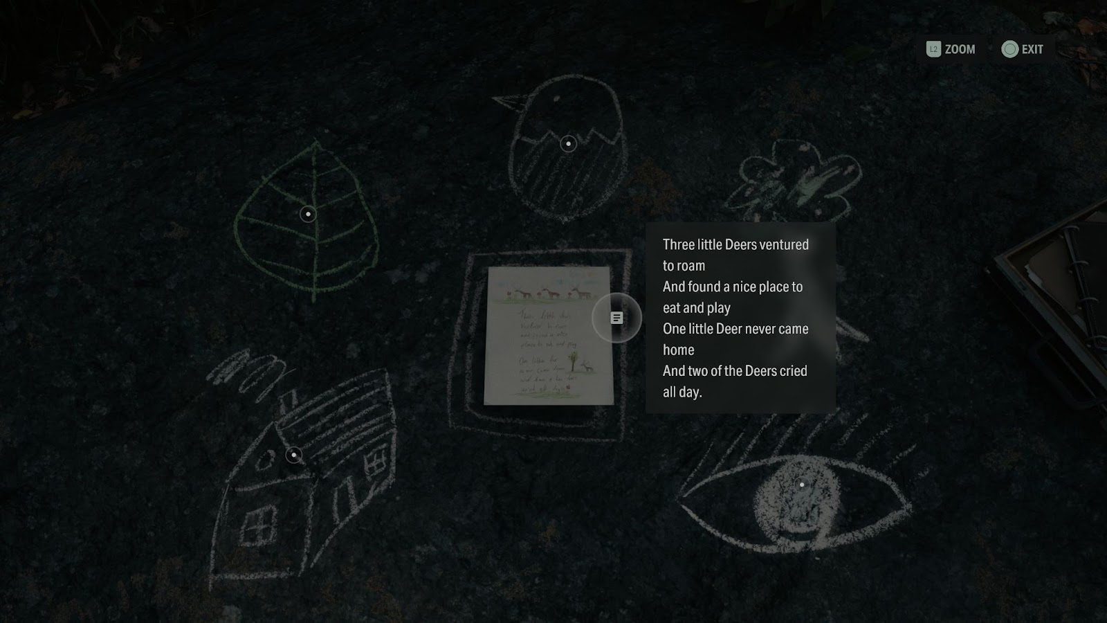 An in game screenshot of the three deer's nursery rhyme from the game Alan Wake II. 