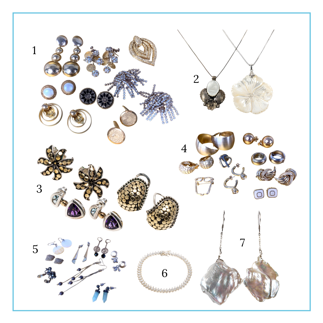 Group of Vintage Costume Jewelry  Sterling Silver and Mother of Pearl Necklaces  Three Pairs of Sterling Earrings, Two by John Hardy  Vintage Lot of Costume Jewelry  Vintage Group of Eight Pairs Costume Jewelry Earrings  Graceful Sterling Vermeil Line Bracelet with White Zirconia  Statement Sterling Silver Cultured Keshi Pearl Dangle Earrings