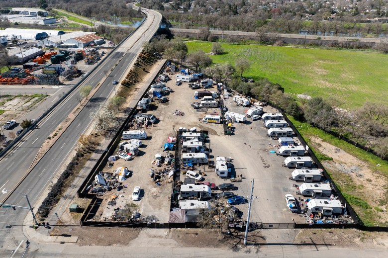 Camp Resolution, a “self-governed” homeless camp on city-owned land in Sacramento, on Feb. 28, 2024. Photo by Fred Greaves for CalMatters