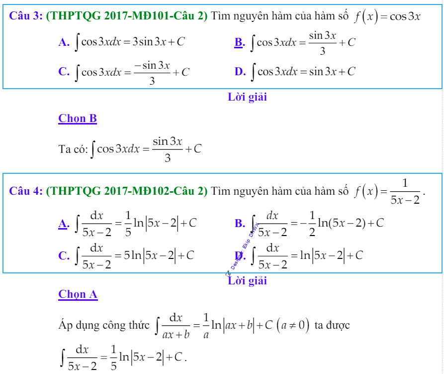 Công thức Nguyên hàm và bài tập từ đề thi có giải chi tiết