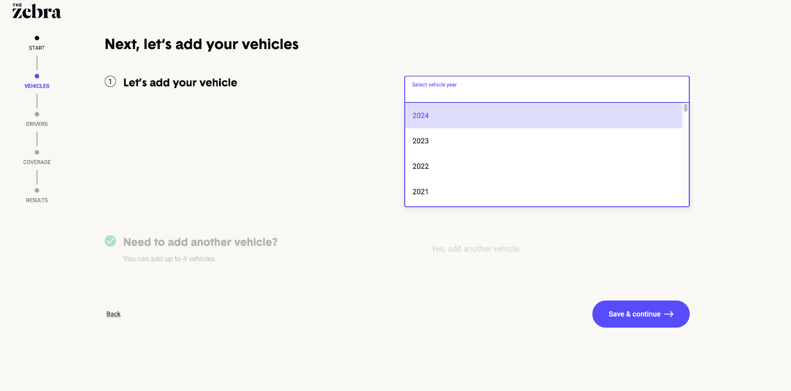 Screenshot of vehicle information section of The Zebra application.
