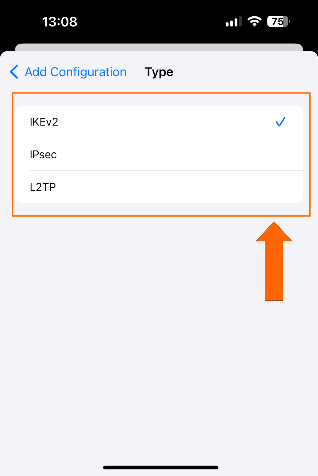 Protocol type window for iOS with protocol selections highlighted.