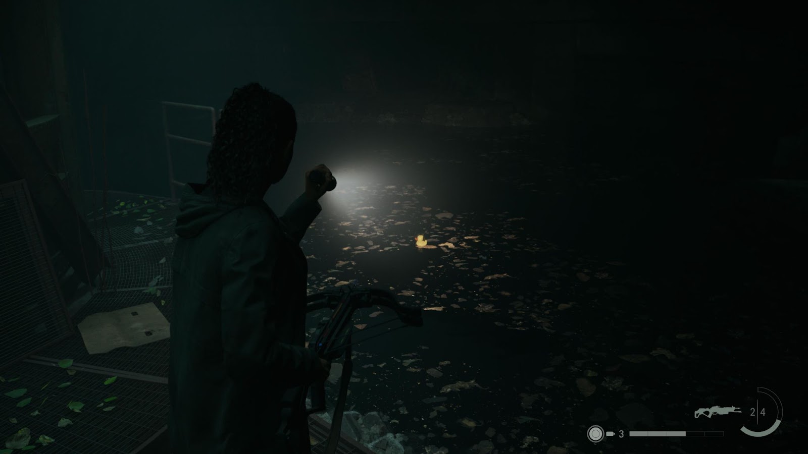 An in game screenshot of Saga from Alan Wake 2. 