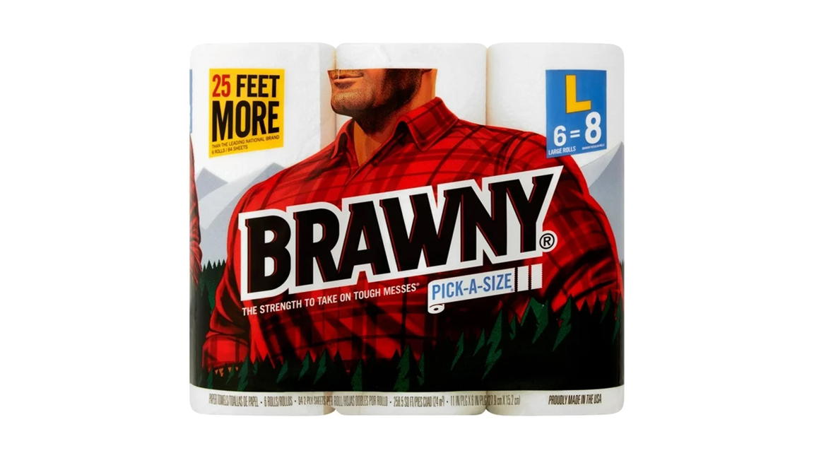 BRAWNY paper towel package with a red-shirted lumberjack-looking guy and the art is cropped so you don't see the guy's head above the filtrum