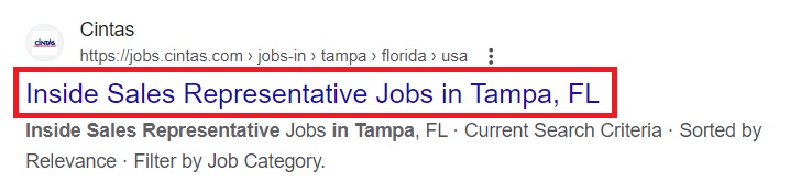 Google search results of a Cintas Inside Sales Job Representative in Tampa, Fl that ranks number one