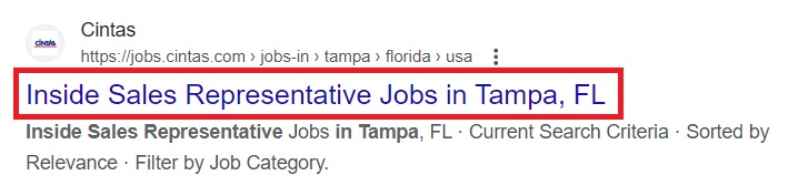 Google search results of a Cintas Inside Sales Job Representative in Tampa, Fl that ranks number one