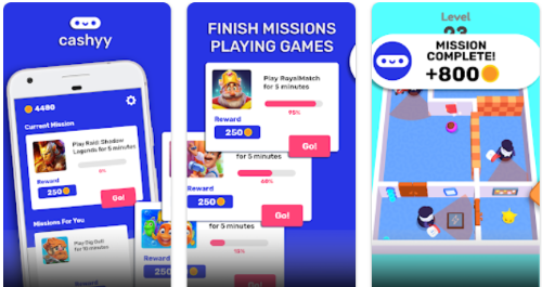 Cashyy app screenshots from the Google Play store showing how you can complete missions playing games to earn points. 