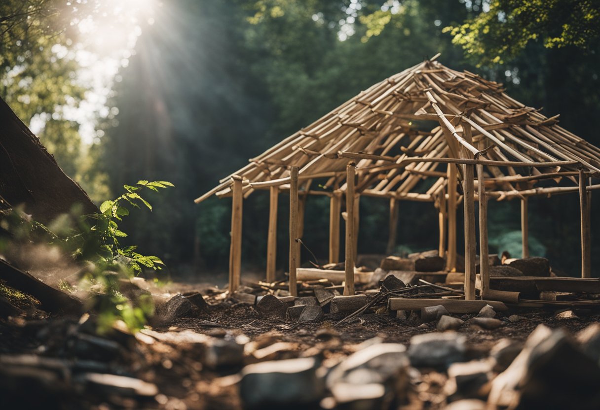 A shelter is being constructed using branches and leaves, while nearby a fire is being built using rocks and kindling