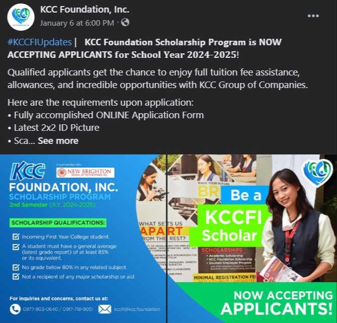 kcc foundation scholarship application letter