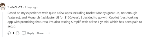 Someone on Reddit saying they liked Copilot better than other apps, including Rocket Money and Monarch.