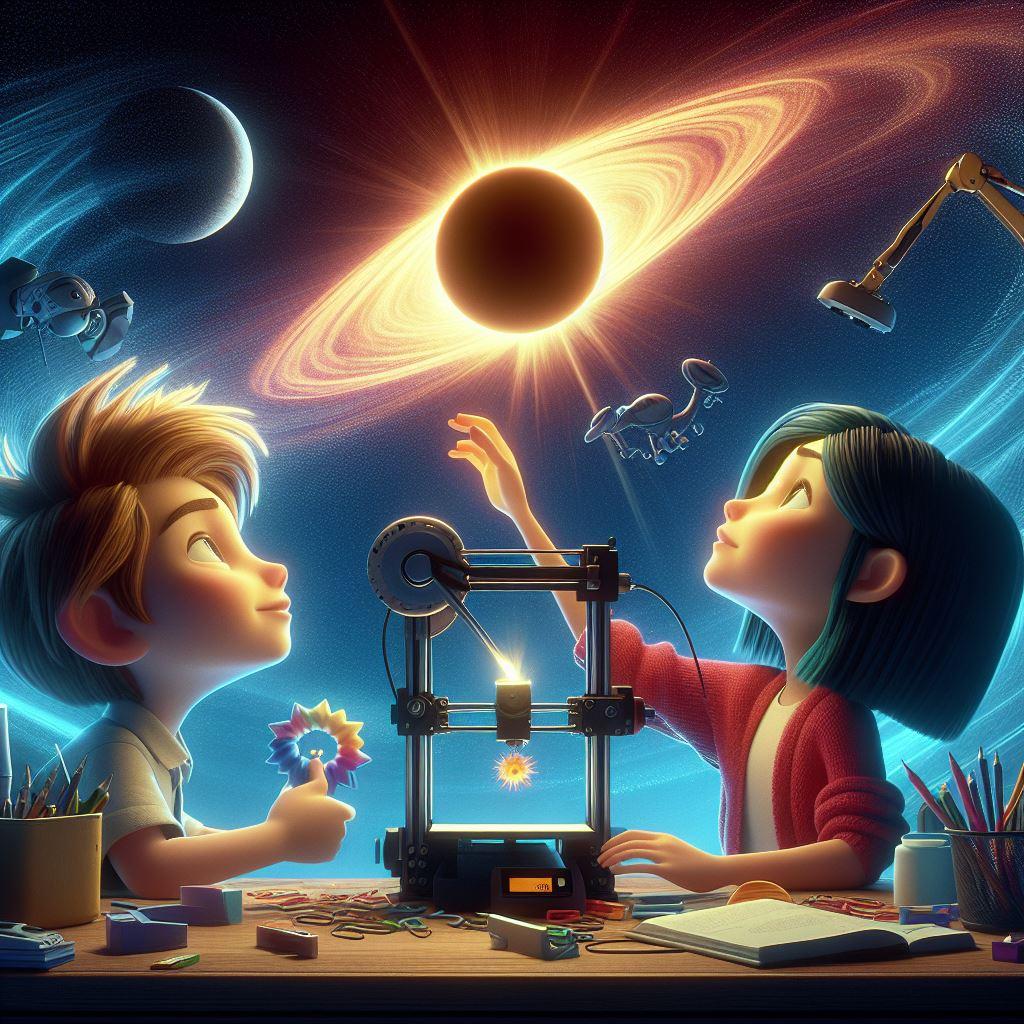 Une image dans un style de film pixar, où deux élèves (un garçon et une fille ),  utilisent une imprimante 3D pour représenter le mouvement d\'une éclipse solaire