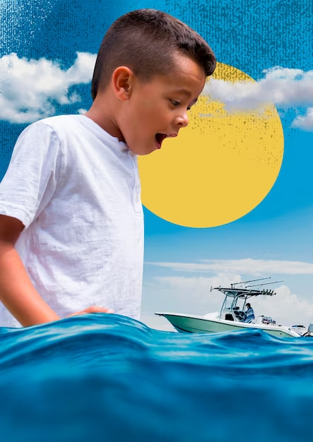 a giant little boy looking at a ship in the ocean