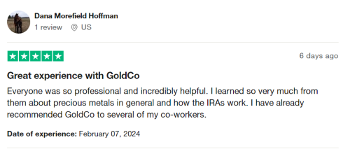 A five-star Goldco review from someone who “learned so very much” from the company and its team. 