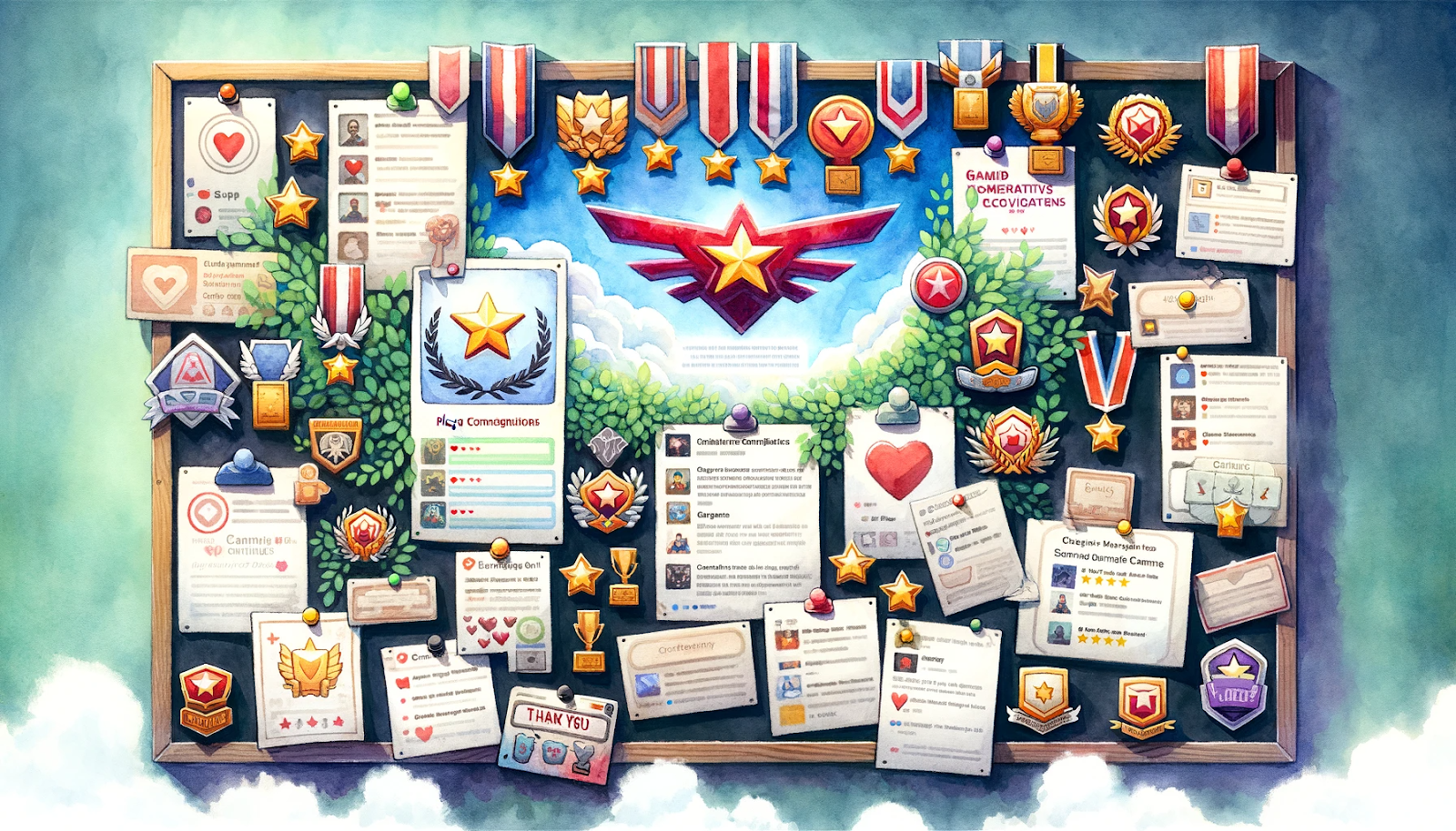 a digital bulletin board filled with accolades and recognitions from a gaming community. It showcases player achievements, positive contributions, and rewards, including badges, trophies, and thank-you notes, creating a celebratory and appreciative environment.