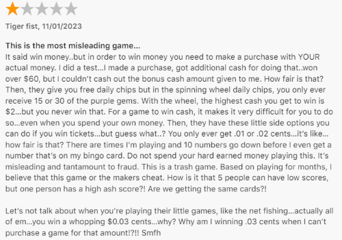 A 1-star review from a Bingo Tour player who considers the game misleading and too hard to win. 
