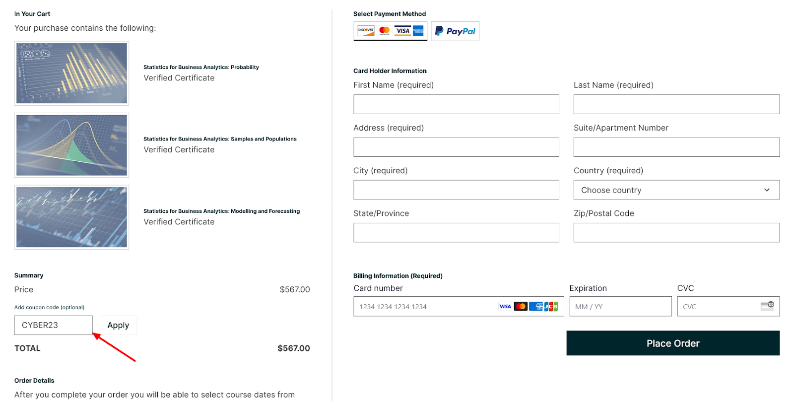 edX checkout page