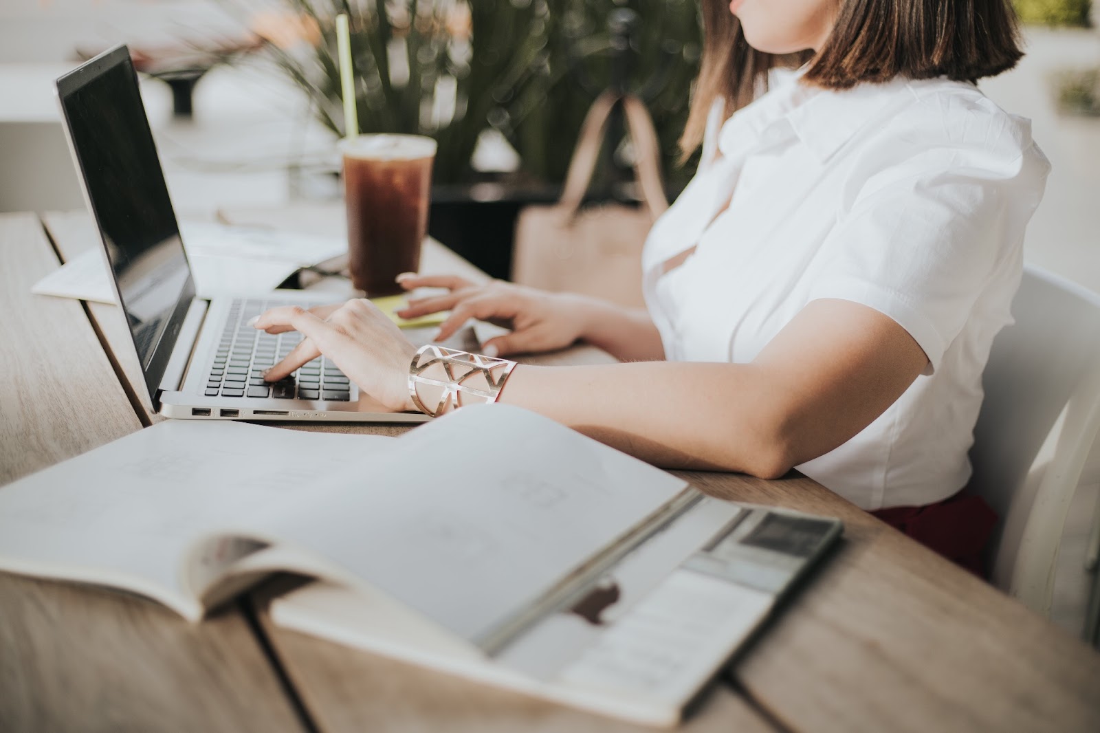 A woman starting her day in the office