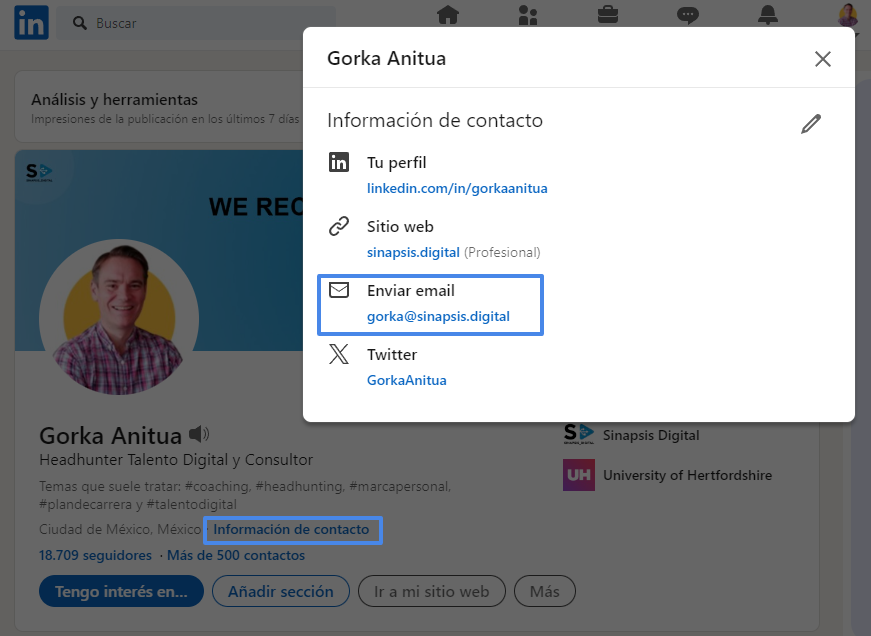 Información de contacto Linkedin