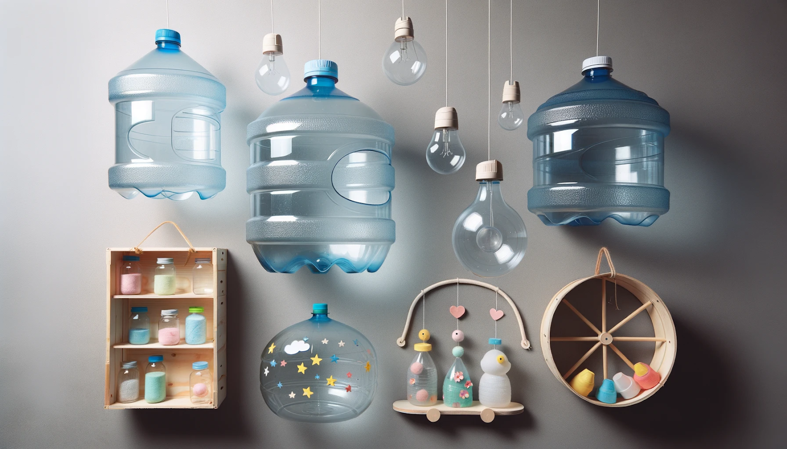 Foto de diversos itens de artesanato com garrafãode água de 20 litros reaproveitadas. Há uma luminária suspensa, um organizador de armazenamento e um brinquedo infantil criativo, todos criados com o material translúcido dos jarros de água.