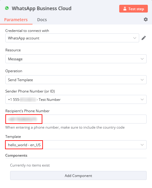 Configuring WhatsApp node to send template messages 