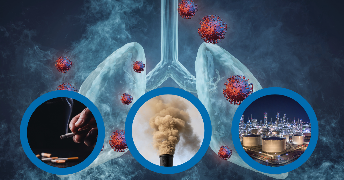Lungs covered with smoke and other causes depicting the risk factors of lung cancer. 