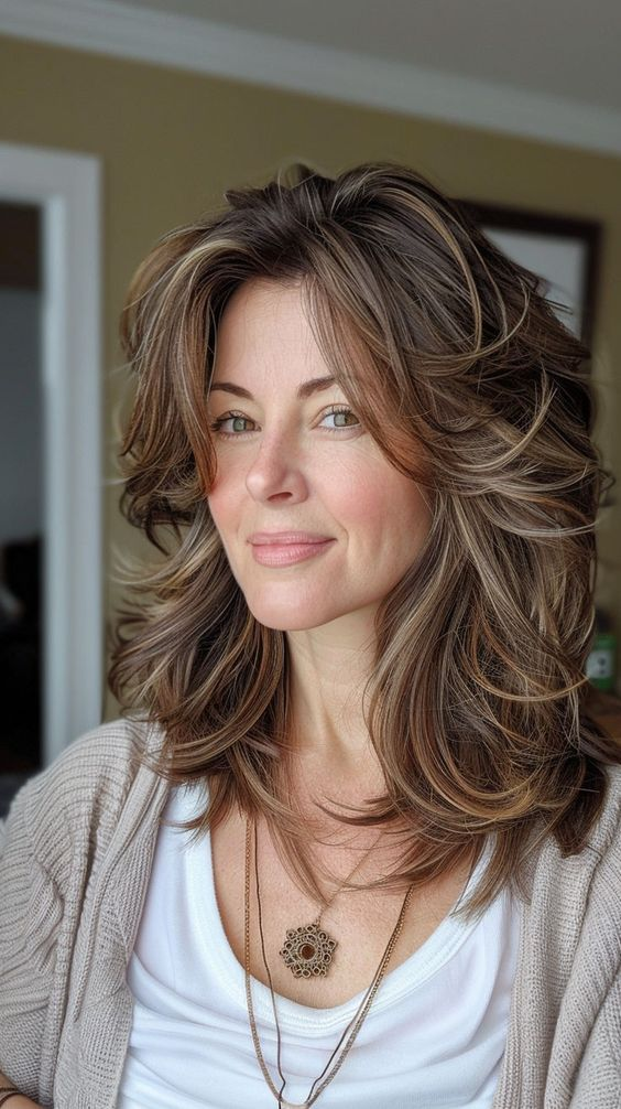 Close up view of a lady wearing a a gorgeous layer haircut