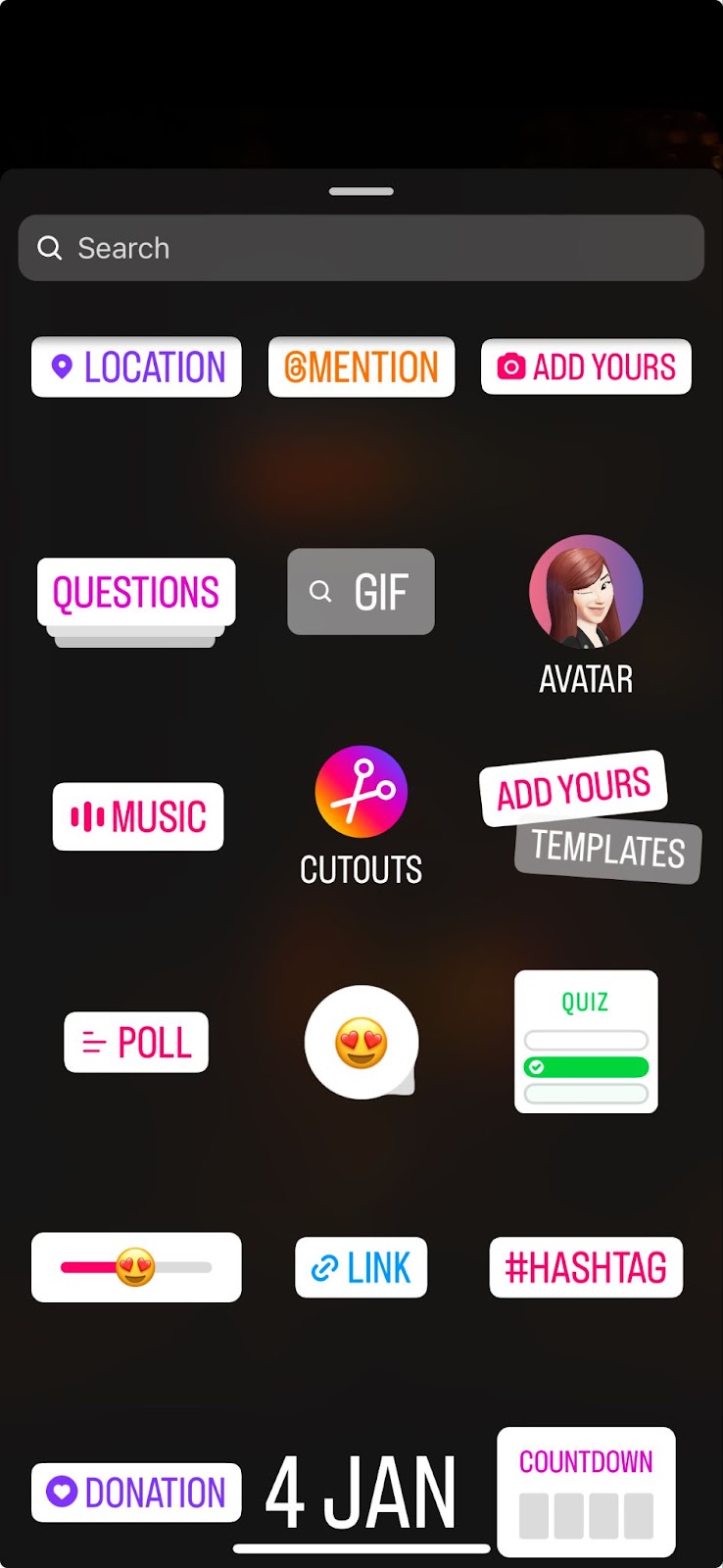 A screenshot showcasing the different types of stickers you can add to your Instagram story.
