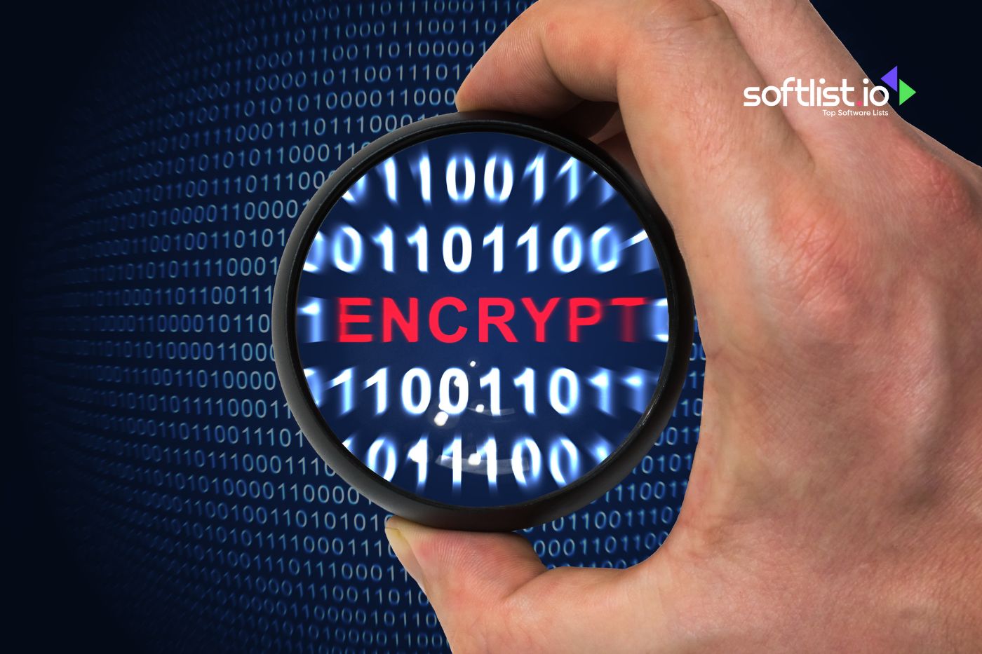 Magnifying glass revealing 'ENCRYPT' in digital code