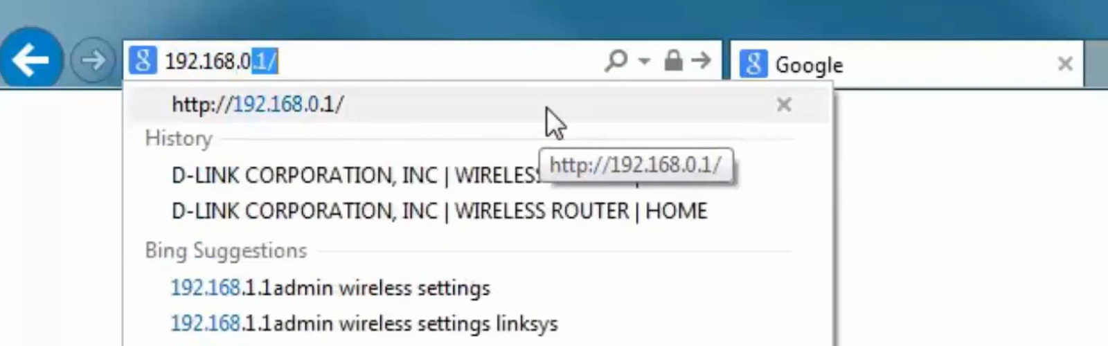 Screenshot of pasting IP address in browser's search bar