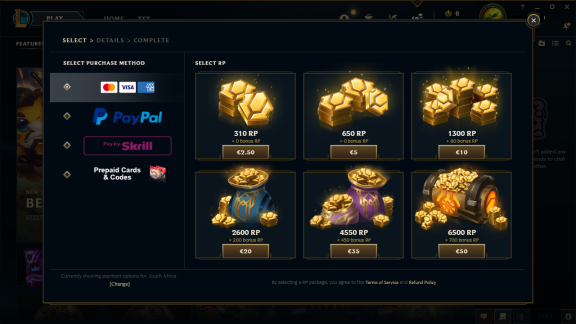 Schermata dell'app client di League of Legends con RP selezionati