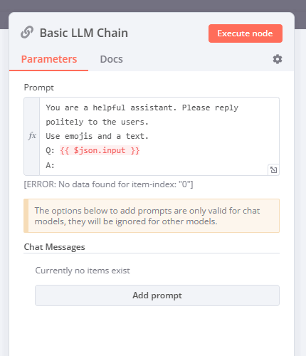 Basic LLM Chain node receives the user input from the chat window and forwards the prompt to the model
