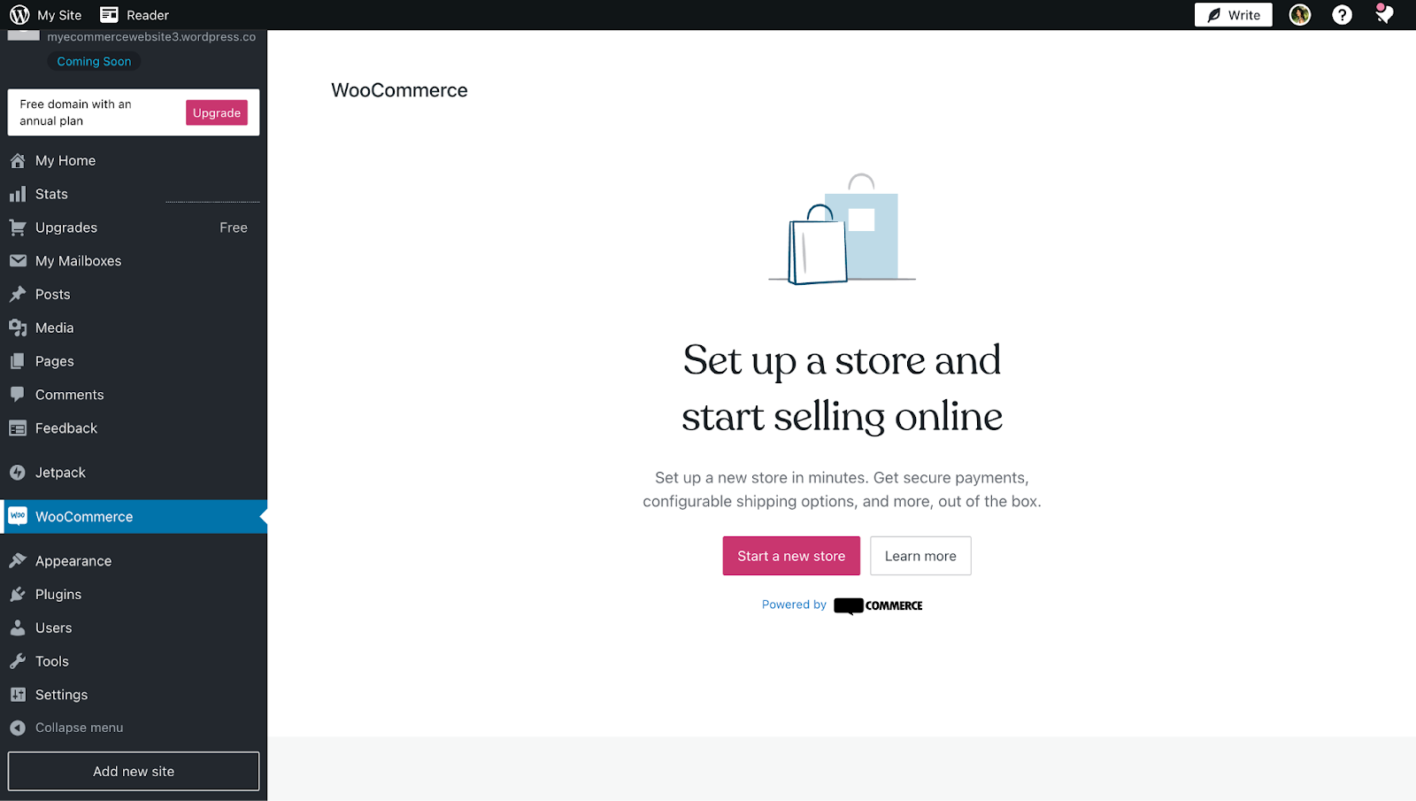 How to make an ecommerce website with WordPress: The WooCommerce dashboard after installing it on my WordPress ecommerce website.