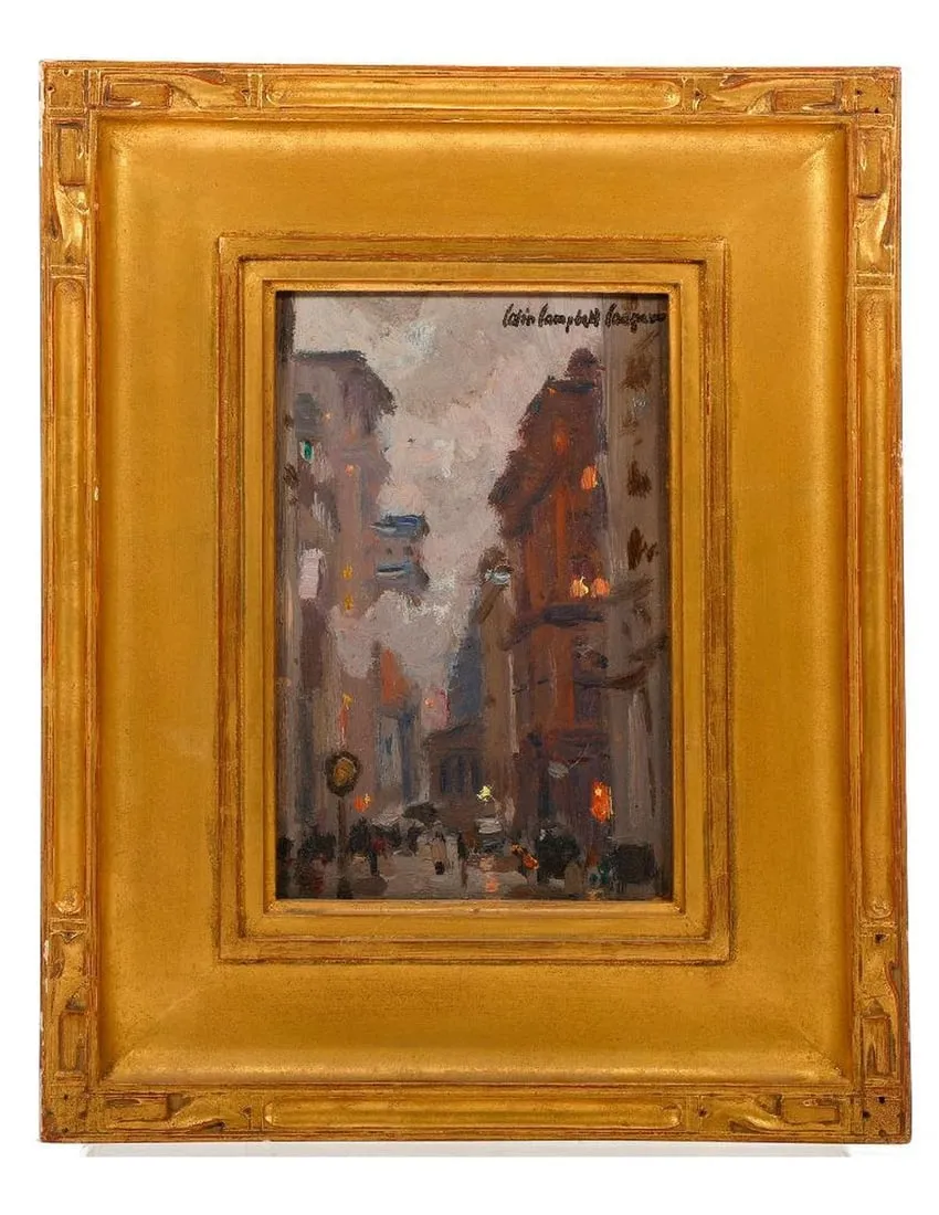 A painting of a street in a gold frameDescription automatically generated