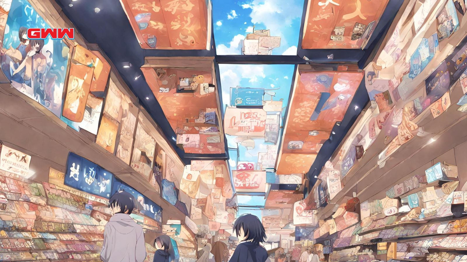 Vibrant anime store shelves from a top view with fans browsing