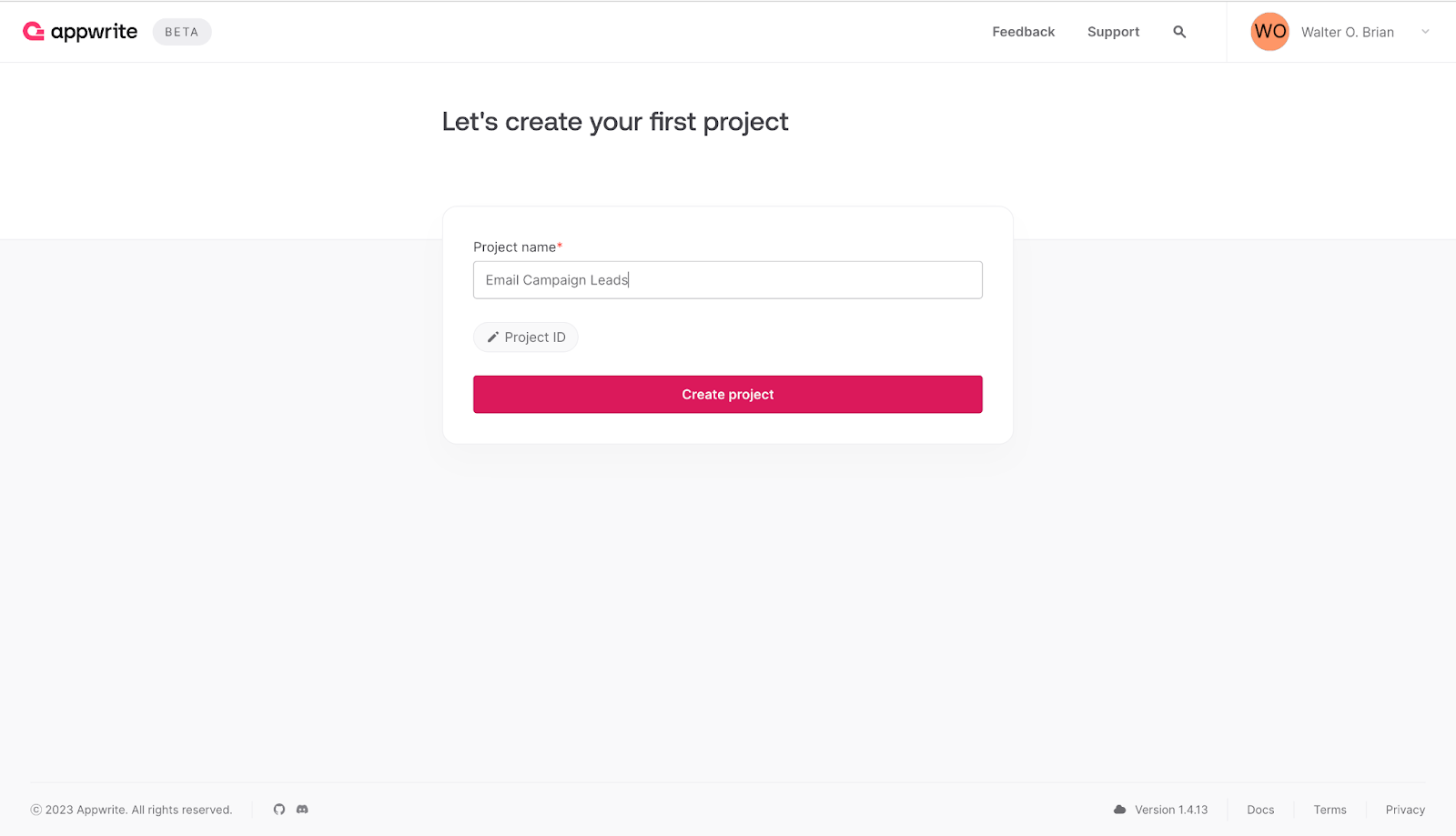 A screenshot showing the create a new project on Appwrite