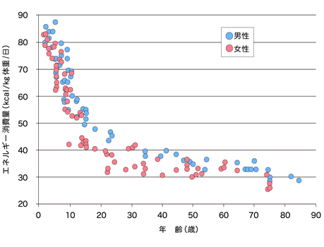 年齢と基礎代謝のグラフ