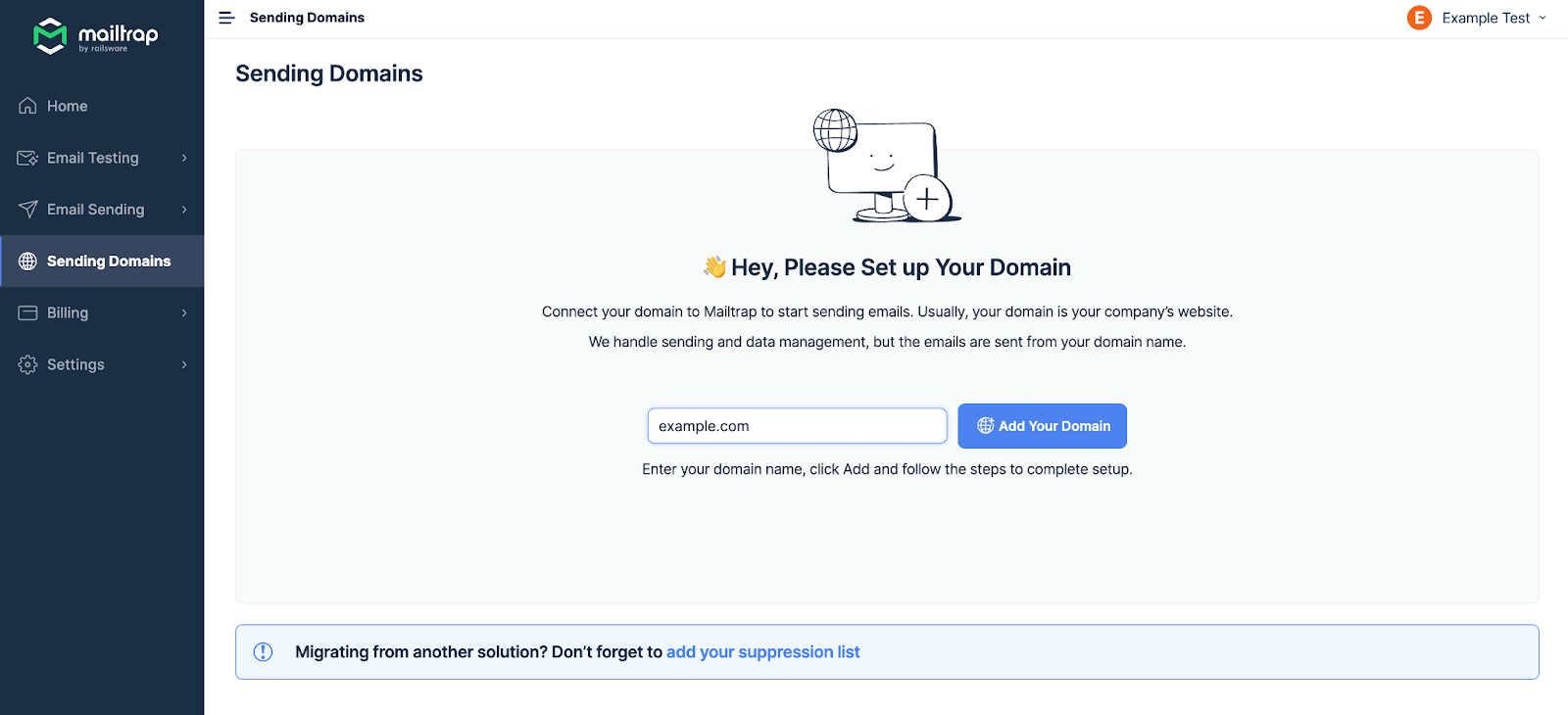 Adicionar novo domínio no menu Sending Domains do Email API/SMTP do Mailtrap
