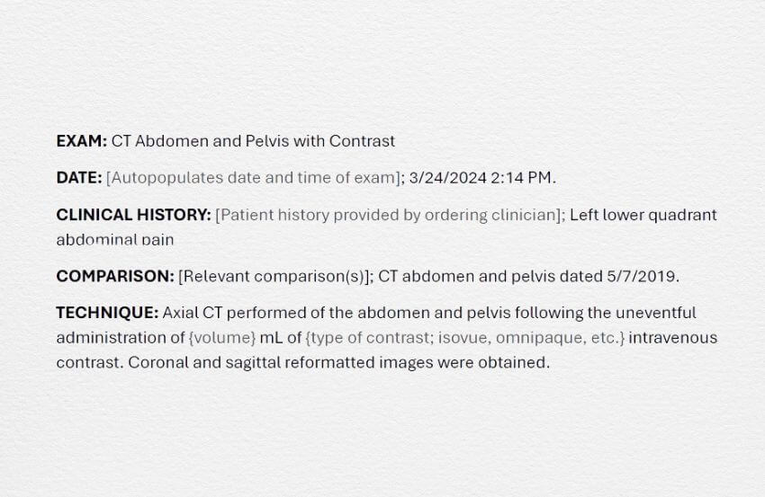 Example of the top third of a radiology report, which contains basic information about the exam being performed and patient clinical history..