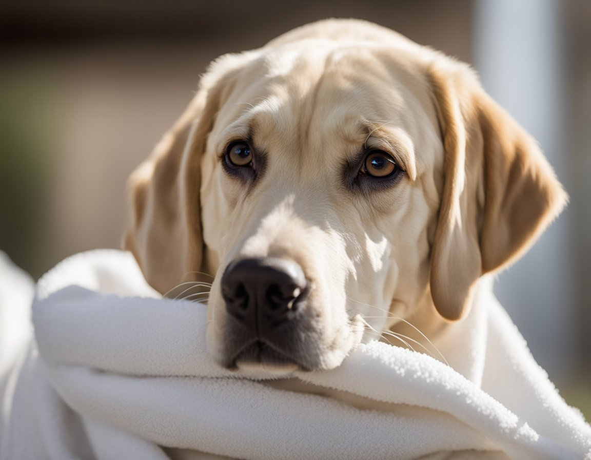 A yellow Labrador retriever being dried with white towel