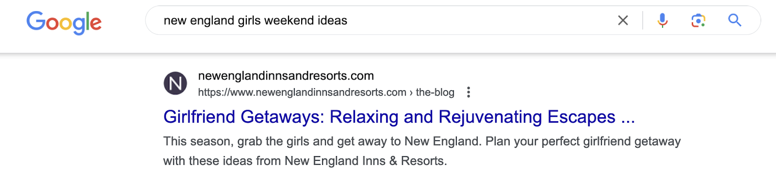 A meta description screenshot for  the keyword 'new england girls weekend ideas'